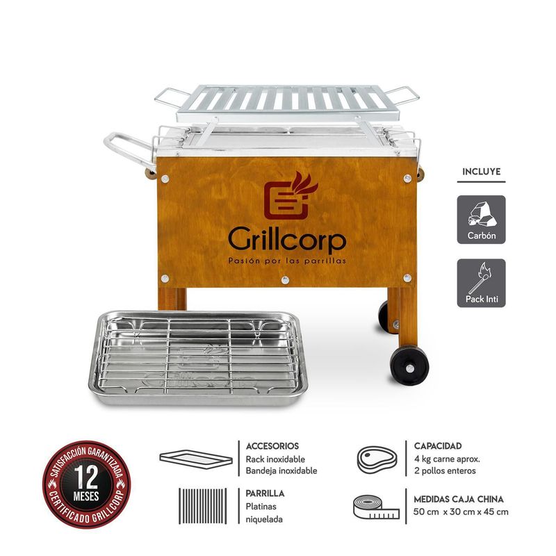GRILLCORP - Caja China Grillcorp Chica 50x45x30cm Premium Caoba + Parrilla de Platinas Niqueladas + Carbón 2kg + Pack Inti