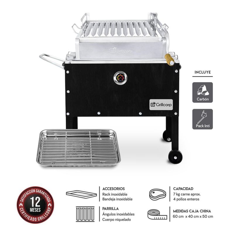 GRILLCORP - Caja China Grillcorp Junior 60x50x40cm Inoxidable Black + Parrilla de Levante Niquel/ Inox + Carbón 2kg + Pack Inti