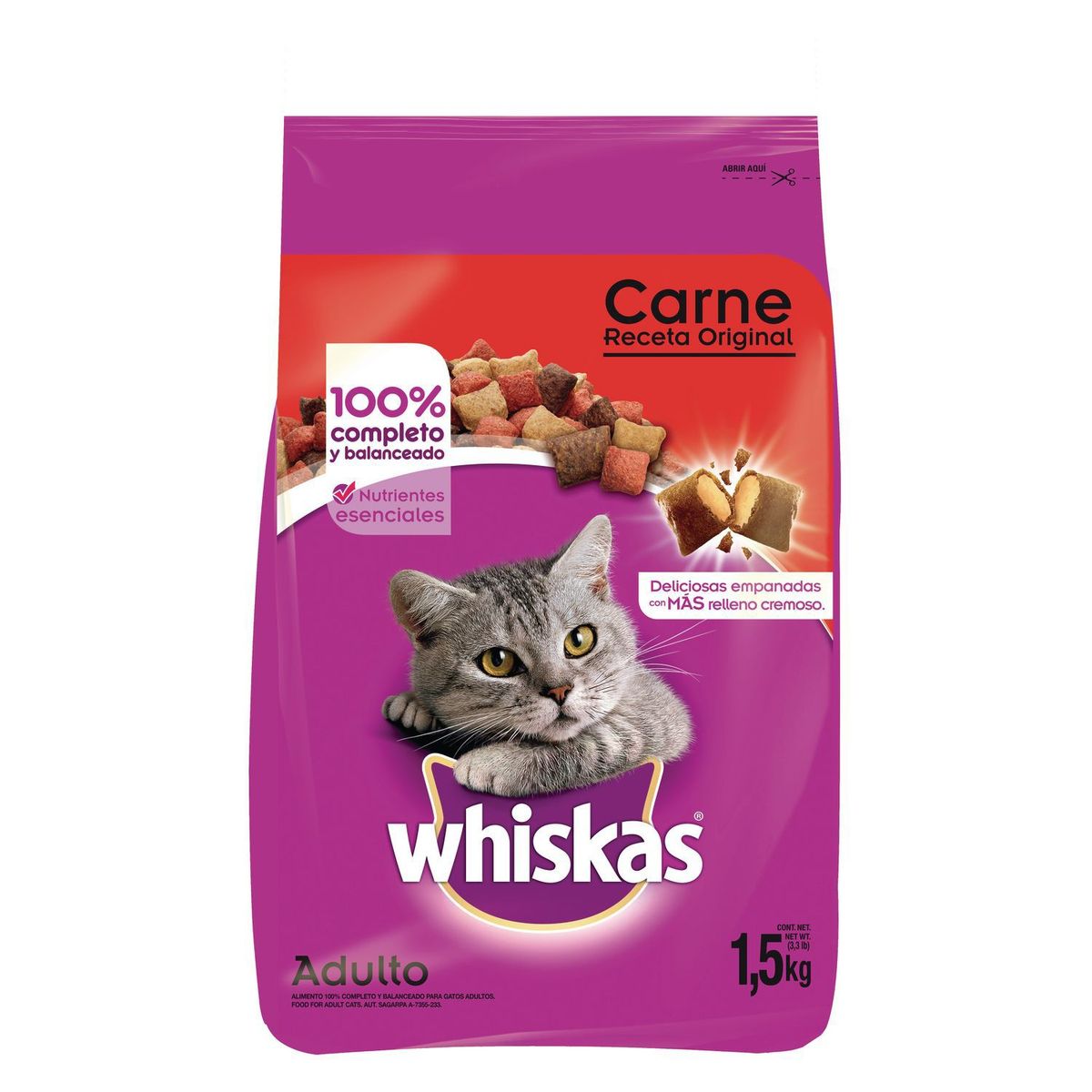WHISKAS - Whiskas Adultos Alimento para Gatos 1.5 kg Sabor Carne
