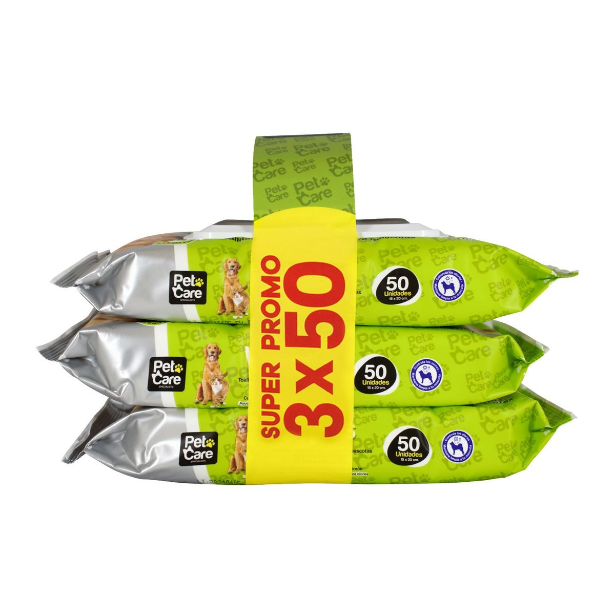 PET CARE - Toallitas Húmedas de Algodón para Perro Aroma Limón 3x50