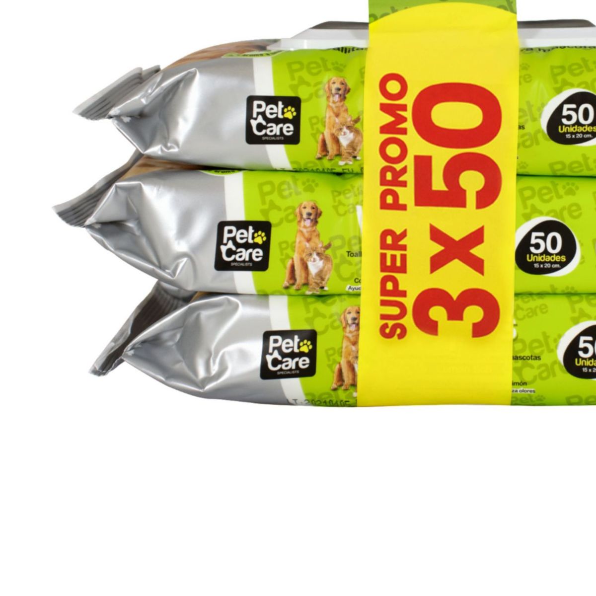 PET CARE - Toallitas Húmedas de Algodón para Perro Aroma Limón 3x50