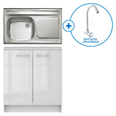 Kit Mueble Base 80cm sin Lavatorio Blanco + Lavadero de Acero Inoxidable 80x50 + Llave Cocina a Pared Madrid