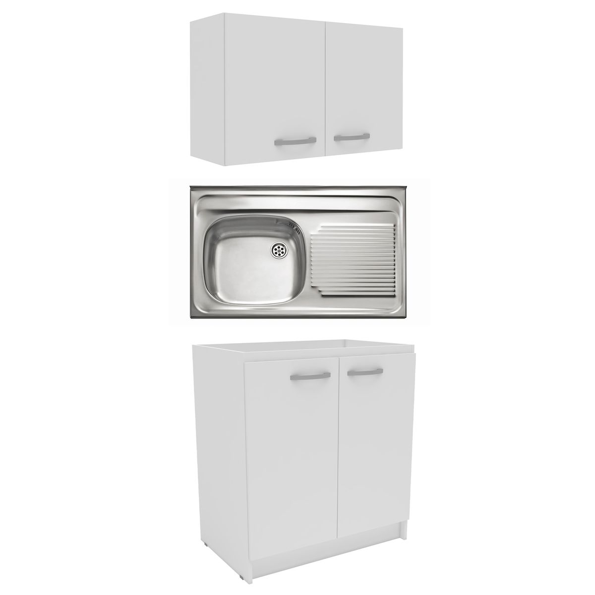  - Lavadero de Cocina Acero Inoxidable 1 Poza con Escurridero 50x80cm + Mueble Base 2 Puertas 80cm Blanco + Mueble Mural Cocina 2 Puertas 80cm Blanco.