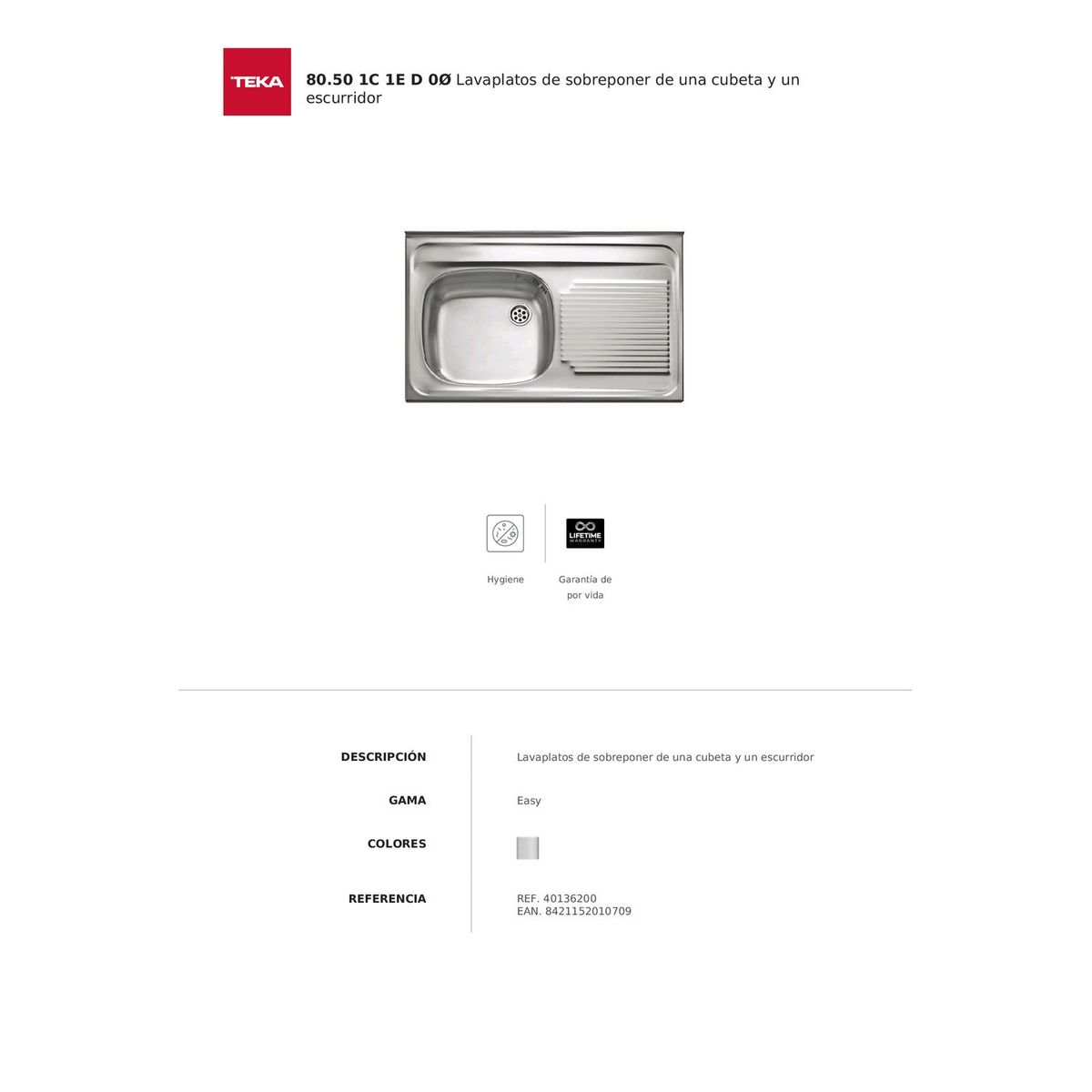 TEKA - Lavadero de Cocina Acero Inoxidable Teka 1 Poza con Escurridero 50x80cm