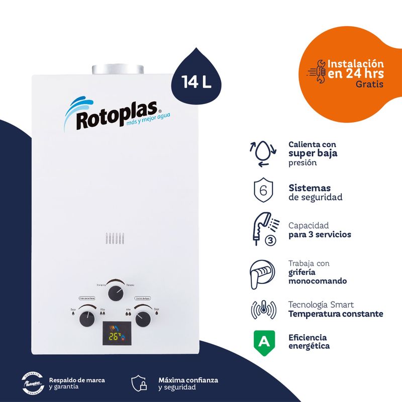 ROTOPLAS - Terma a Gas Rotoplas Flaming GLP 14 litros Tiro Natural