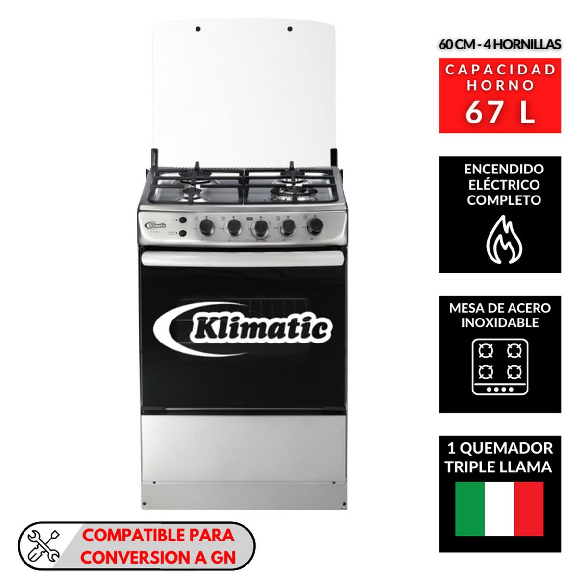 KLIMATIC - Cocina Klimatic a Gas 4 Hornillas Tedesca Plus Acero Inox