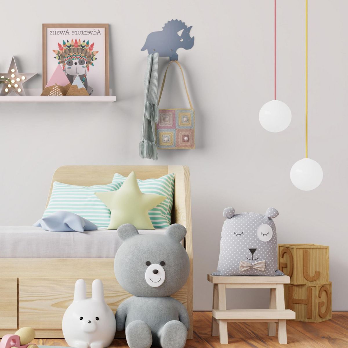 ORGANIZA DUCASSE - Colgador de Pared Infantil Dinosaurio Gris Azulado