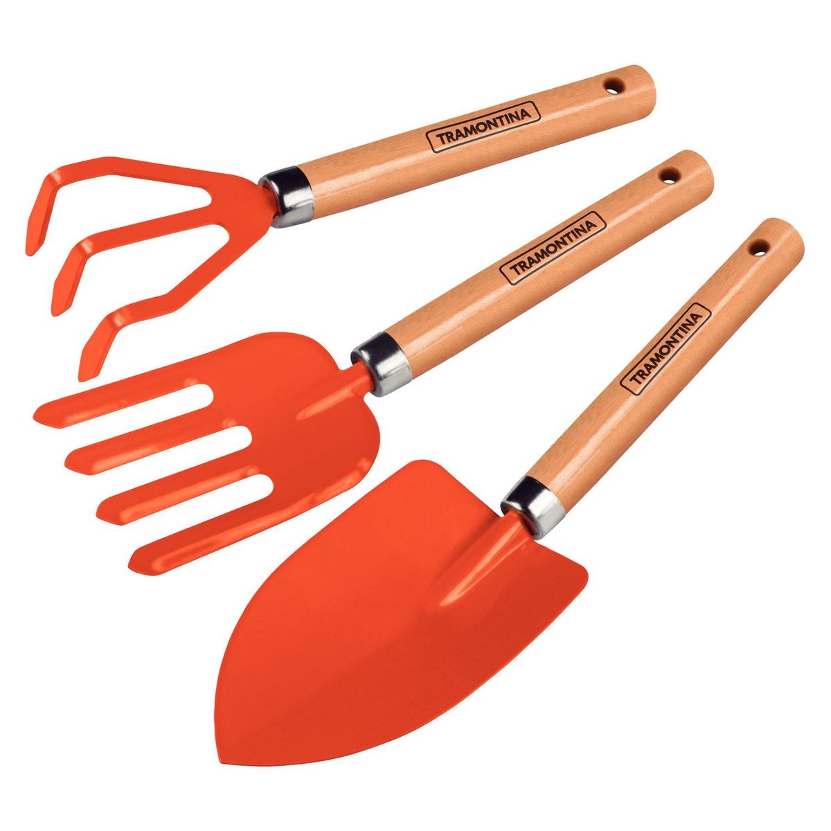 TRAMONTINA - Kit Herramientas de Jardin Mango de Madera 3 Piezas Acero Naranja