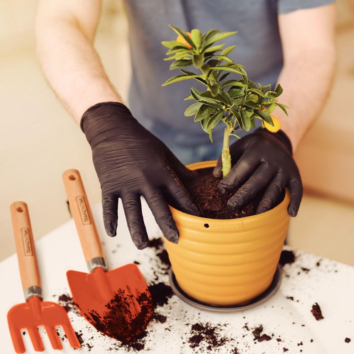 TRAMONTINA - Kit Herramientas de Jardin Mango de Madera 3 Piezas Acero Naranja