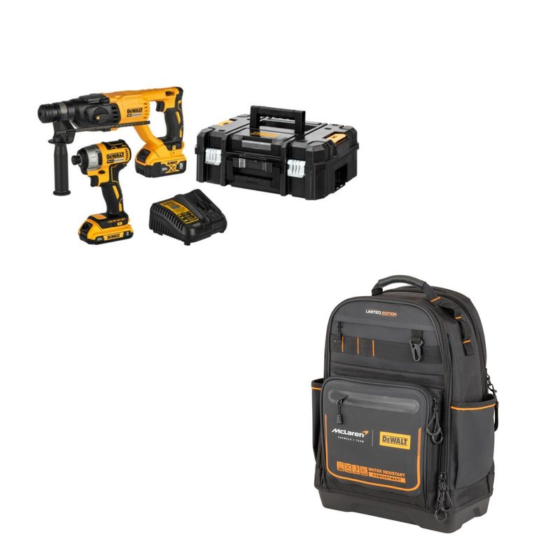 DEWALT - Rotomartillo Inalámbrico Dewalt SDS Plus 20V BRUSHLESS + Atornillador de Impacto InalámbricoDewalt  1/4" 20V BRUSHLESS DCK260D1P1T + Mochila Mclaren F1 Team Pro Dewalt