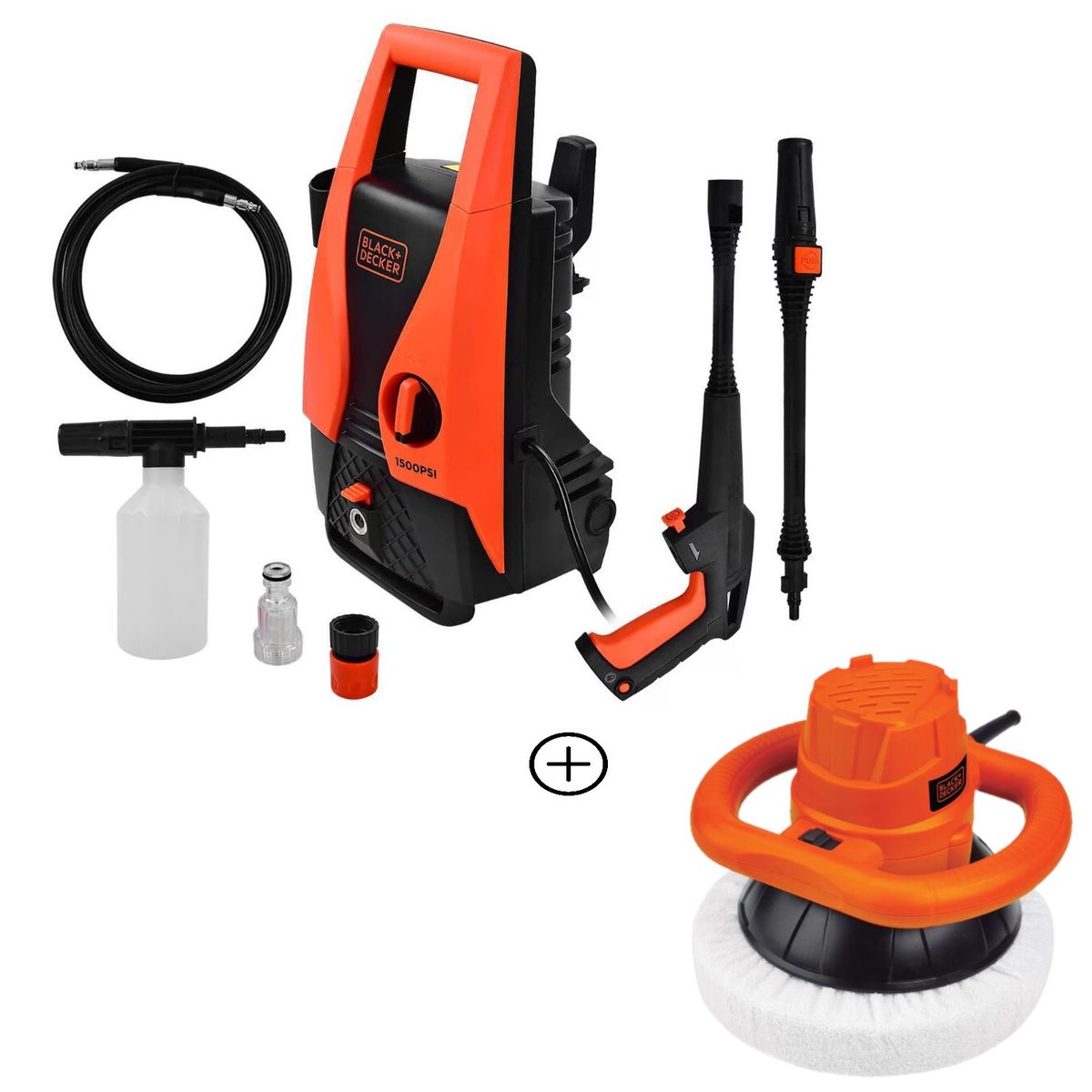 BLACK+DECKER - Kit HidrolavadoraEléctrica Black & Decker 1400W 105Bar + Pulidora Orbital Black & Decker 10" 120W