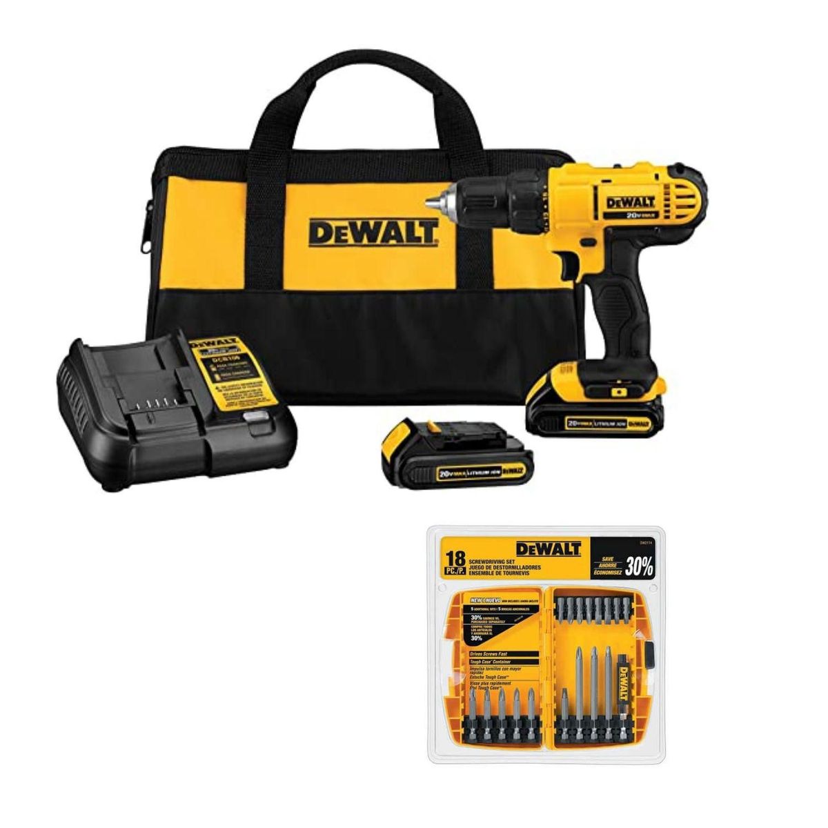 DEWALT - Taladro Atornillador Inalámbrico Dewalt Max 1/2" 20V Dewalt+ Set De 18 Piezas Puntas