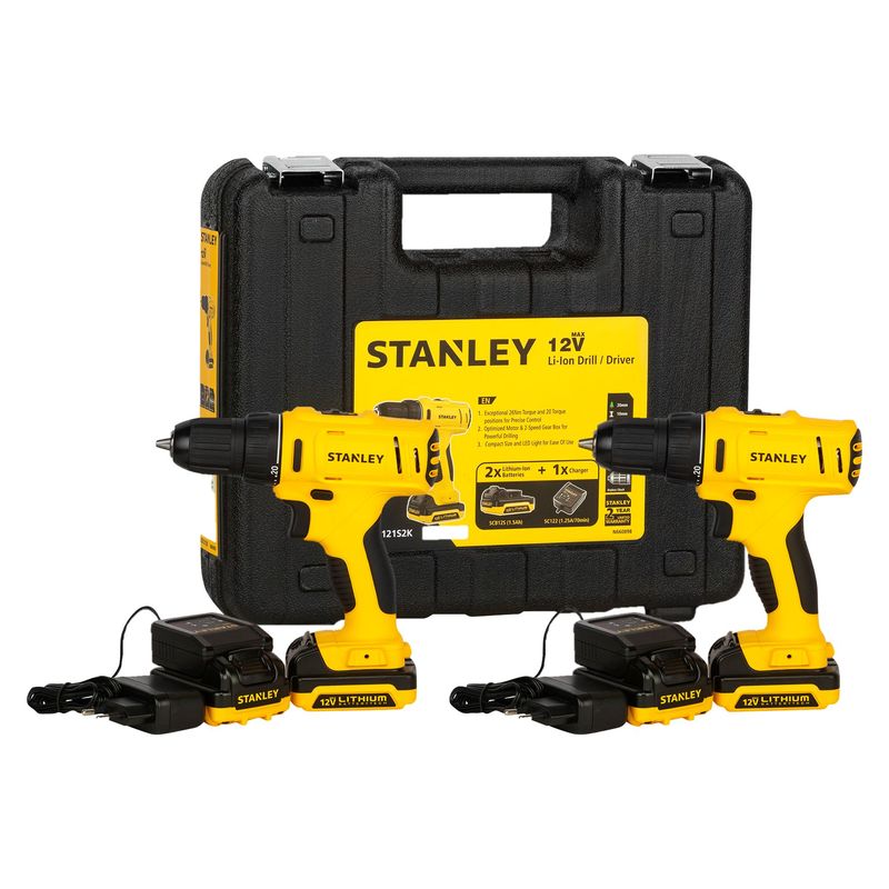 STANLEY - Taladro Atornillador Stanley   1/4" 12V + Taladro Percutor  Stanley 3/8" 12V + 4 Baterías Stanley