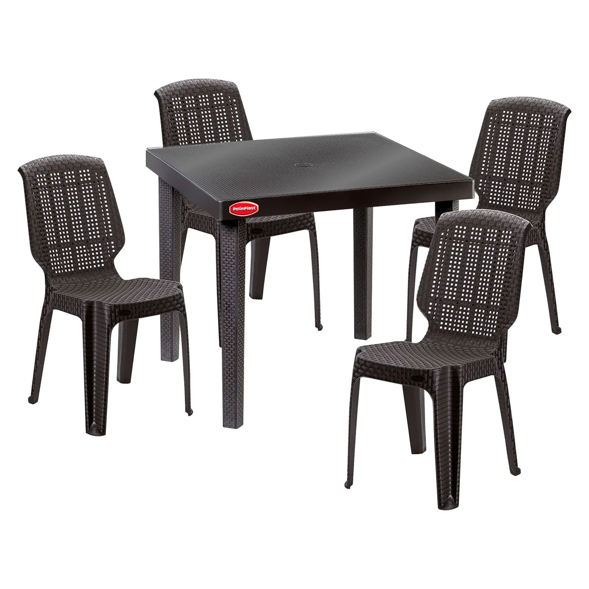 POLINPLAST - Set de Mesa de Plástico con Vidrio Jamaica con 4 Sillas Marrón