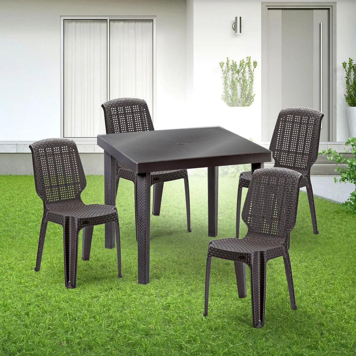 POLINPLAST - Set de Mesa de Plástico con Vidrio Jamaica con 4 Sillas Marrón