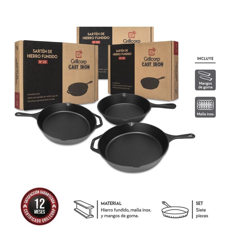 GRILLCORP - Combo Sarten de Hierro Fundido de 20, 25 y 30 cm con Mango de Silicona y Malla de Limpieza