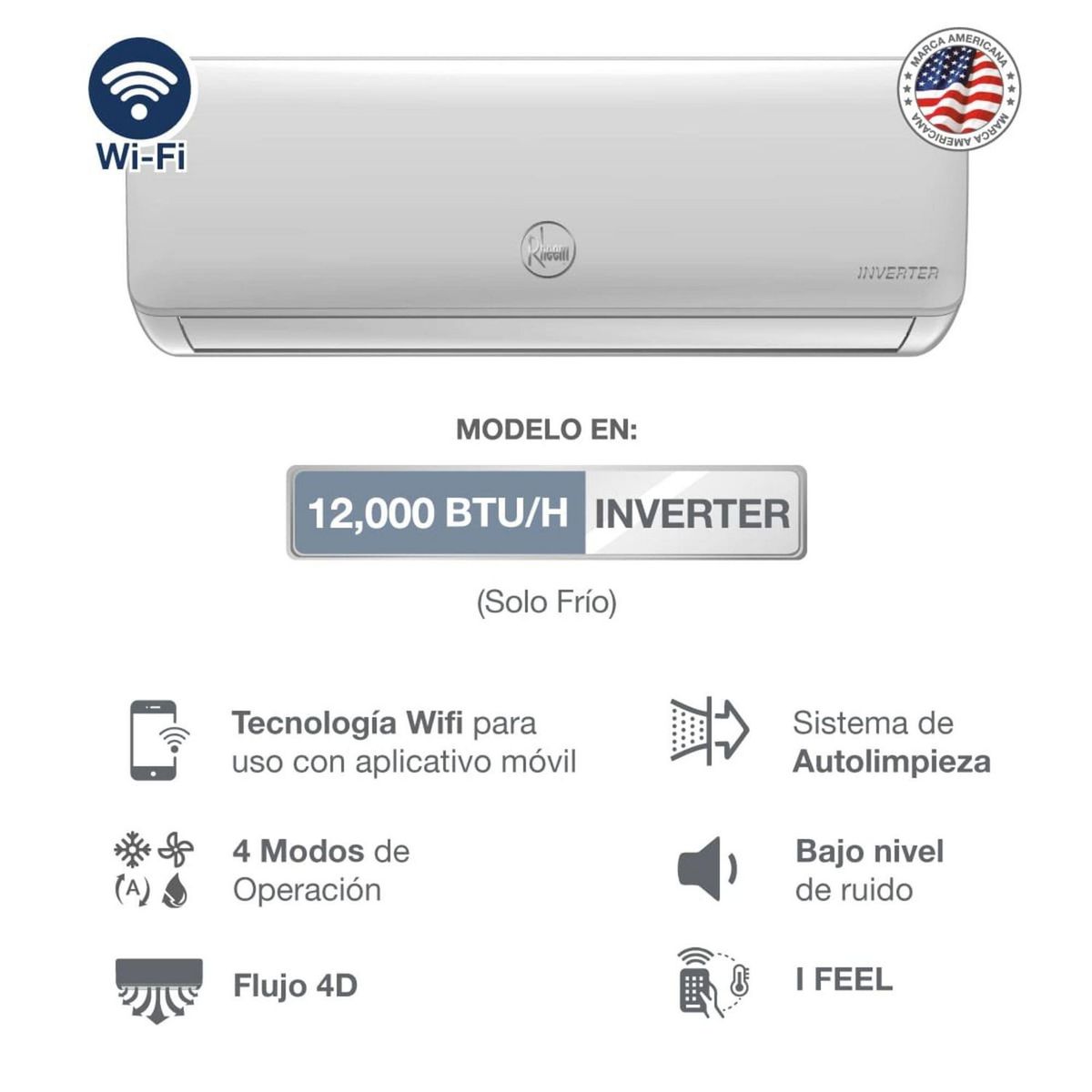 RHEEM - Aire Acondicionado Rheem 12000 BTU Inverter Frío On/Off Smart Wi-Fi