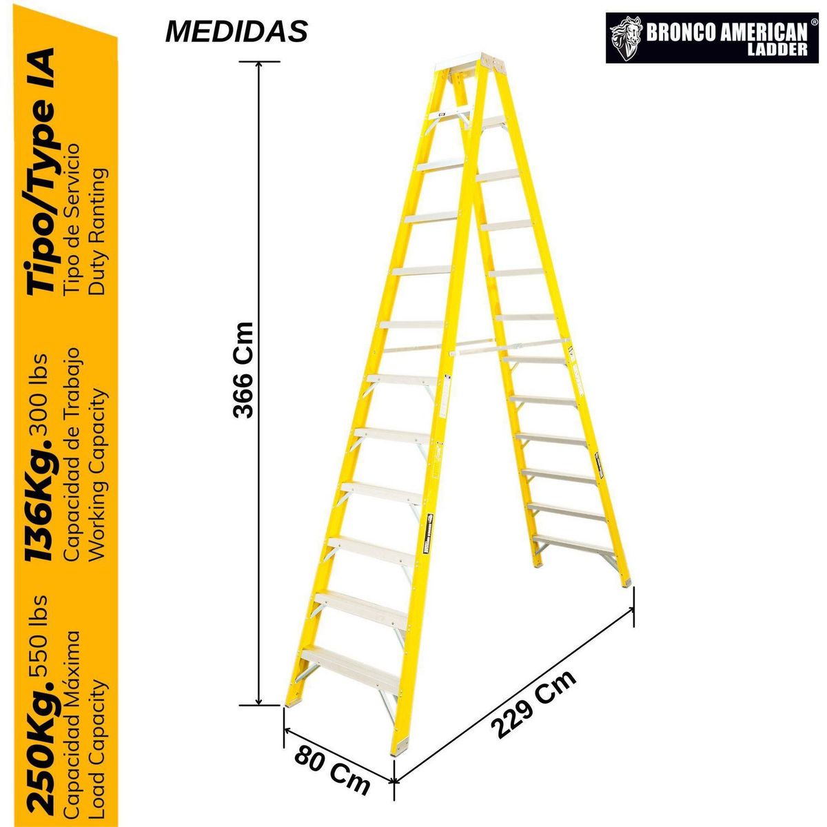 BRONCO AMERICAN - Escalera Tijera Fibra de Vidrio 12 Pasos Doble