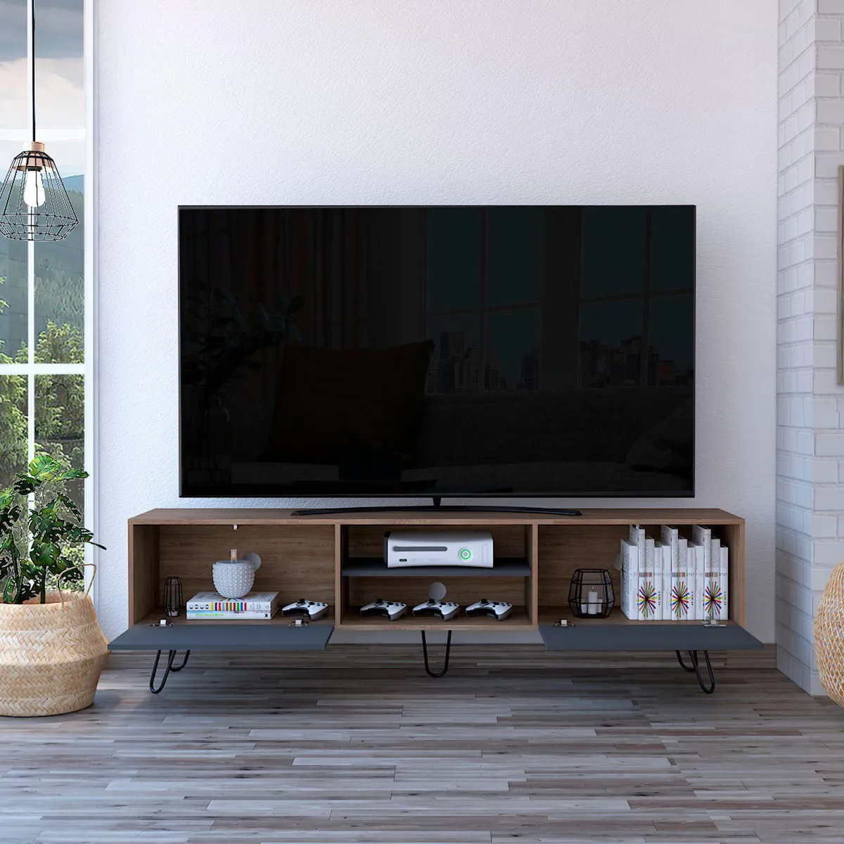 TUHOME - Mesa de TV 80" Vassel Miel/Blanco