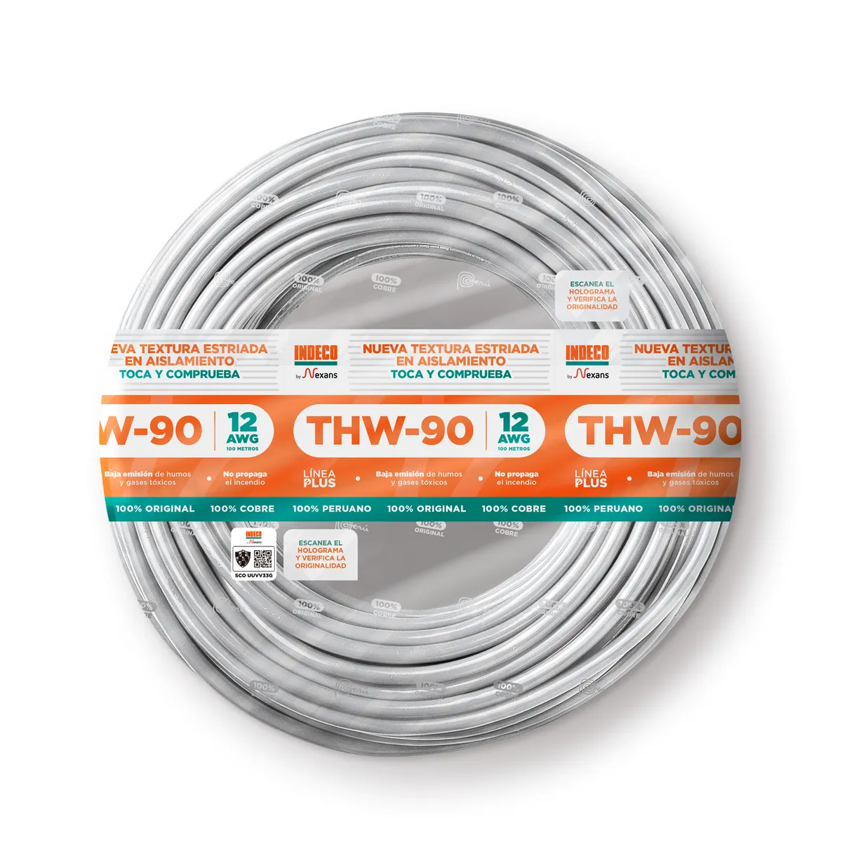 INDECO - Cable THW-90 Plus 12 AWG Indeco 450/750V Blanco 100 Metros