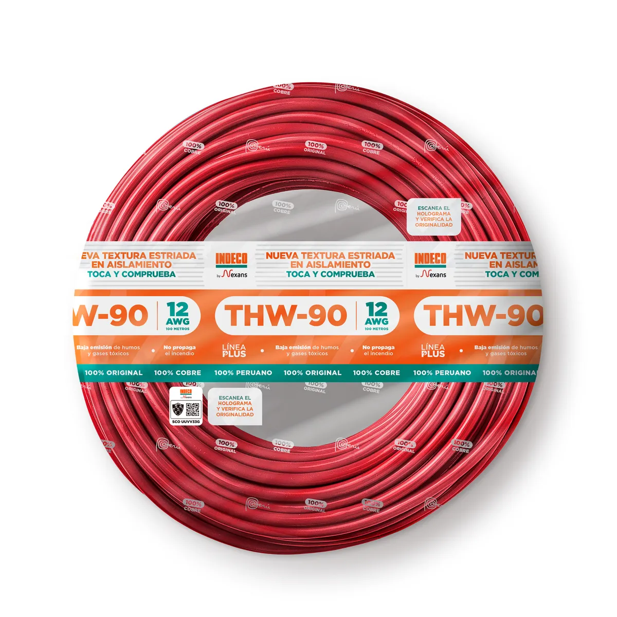 INDECO - Cable THW-90 Plus 12 AWG Indeco 450/750V Rojo 100 Metros