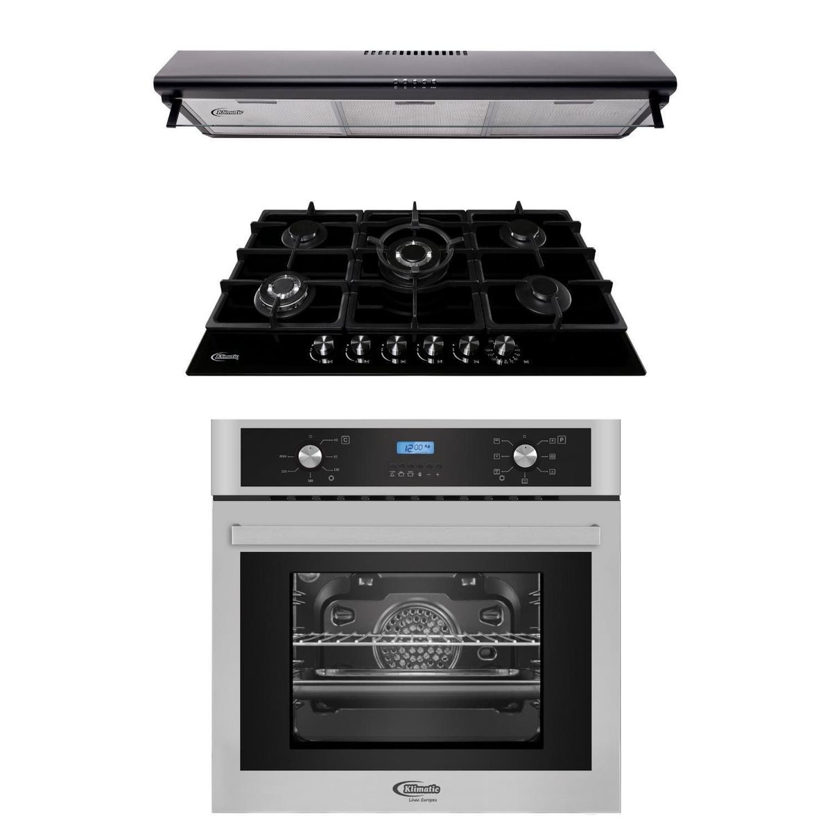 KLIMATIC - Tricombo Klimatic Cocina Empotrable 5 Hornillas Aosta 90 + Campana Lineal 90cm CK901NE + Horno Eléctrico 62 Lt Gamma B