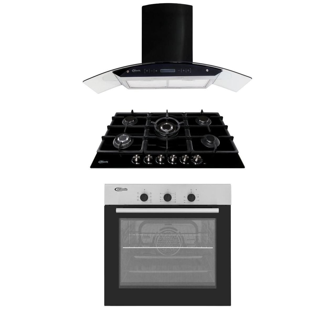 KLIMATIC - Tricombo Klimatic Cocina Empotrable 5 Hornillas Aosta 90 + Campana Decorativa 90cm Venezia Black + Horno Eléctrico 60 Lt HKT600 PIX