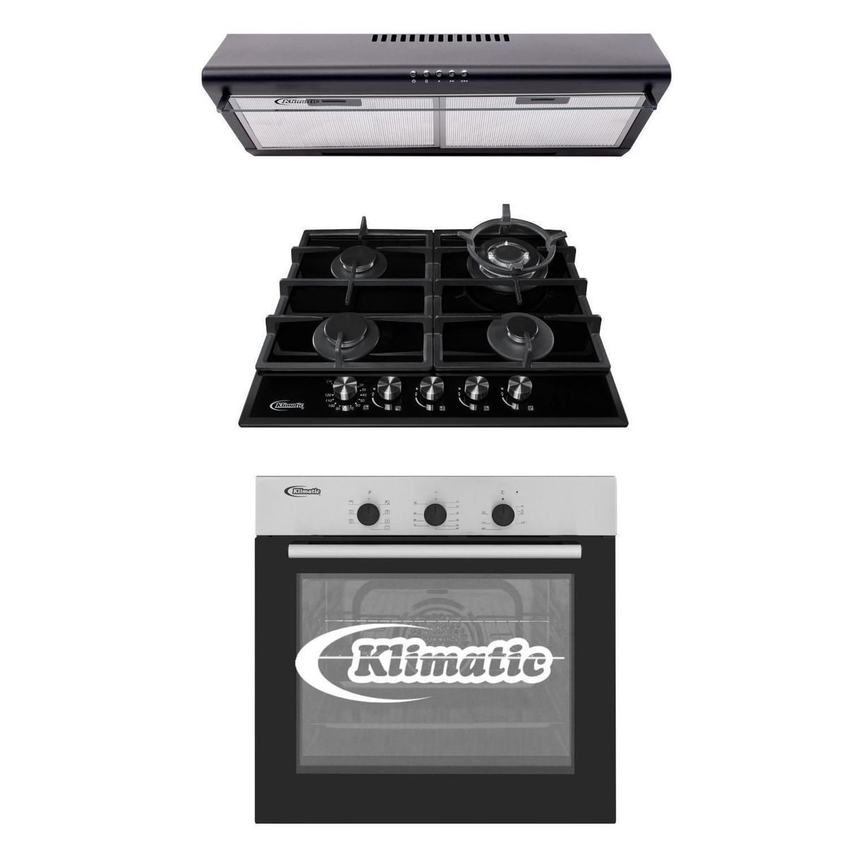KLIMATIC - Tricombo Klimatic Cocina Empotrable 4 Hornillas Aosta 60 + Campana Lineal 60cm CK601NE + Horno Eléctrico 60 Lt HKT600PIX