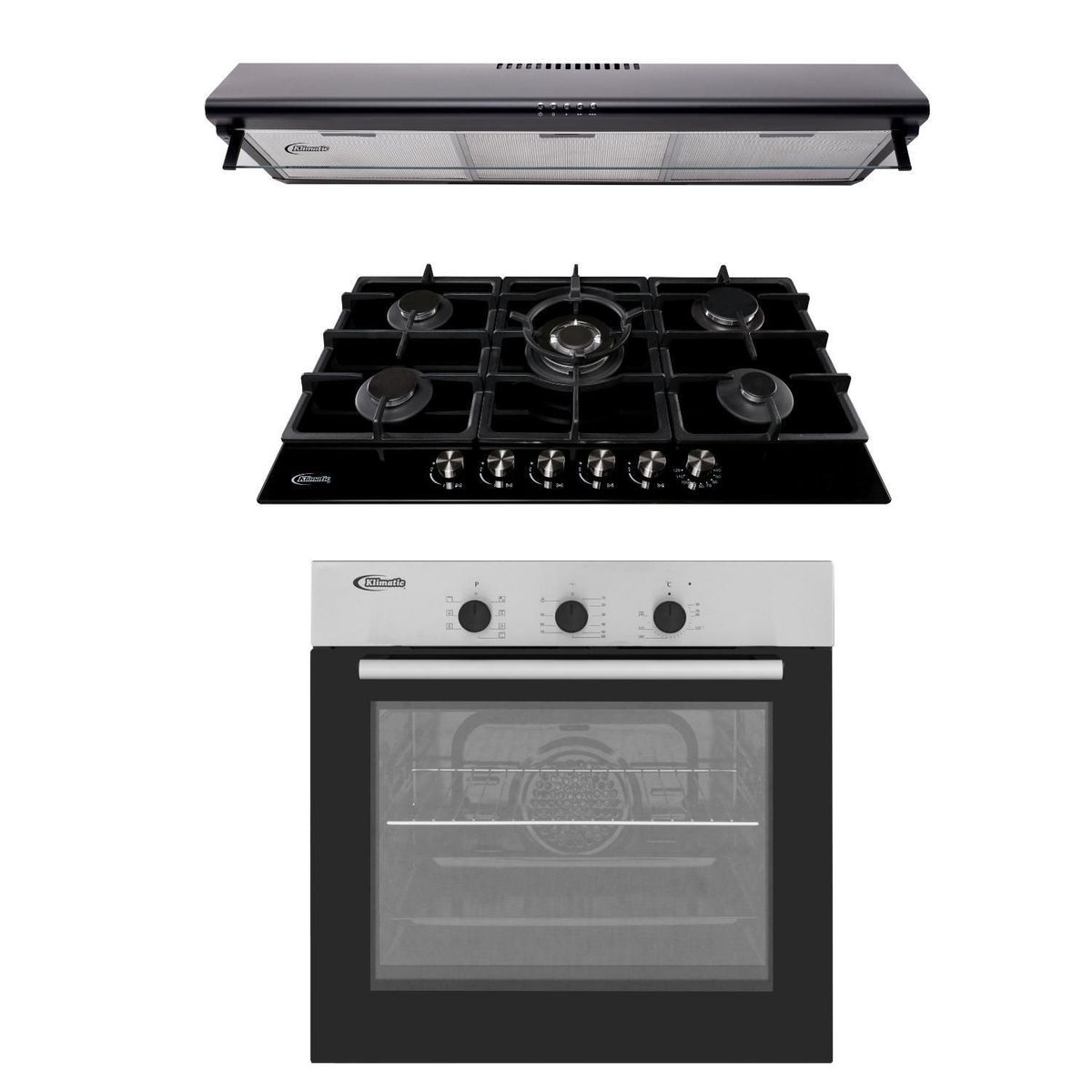 KLIMATIC - Tricombo Klimatic Cocina Empotrable 5 Hornillas Trevi 90 + Campana Lineal 90cm CK901NE + Horno Eléctrico 60 Lt HKT600PIX