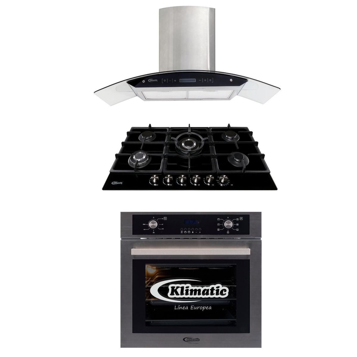 KLIMATIC - Tricombo Klimatic Cocina Empotrable 5 Hornillas Aosta 90 + Campana Decorativa 90cm Venezia IX + Horno Eléctrico 62 Lt Gamma B