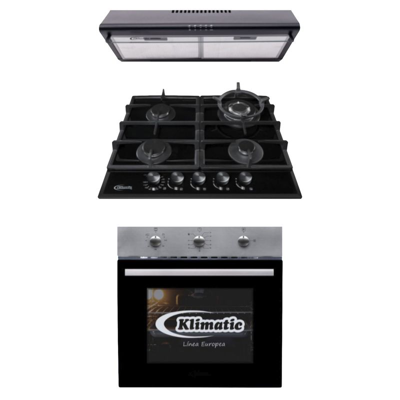 KLIMATIC - Tricombo Klimatic Cocina Empotrable 4 Hornillas Aosta 60 + Campana Lineal 60cm CK601NE + Horno Gas 60 Lt Lubeck BC