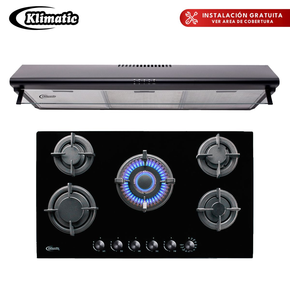 KLIMATIC - Combo Klimatic Cocina Empotrable 5 Hornillas Gina X + Campana Lineal 90cm CK901NE