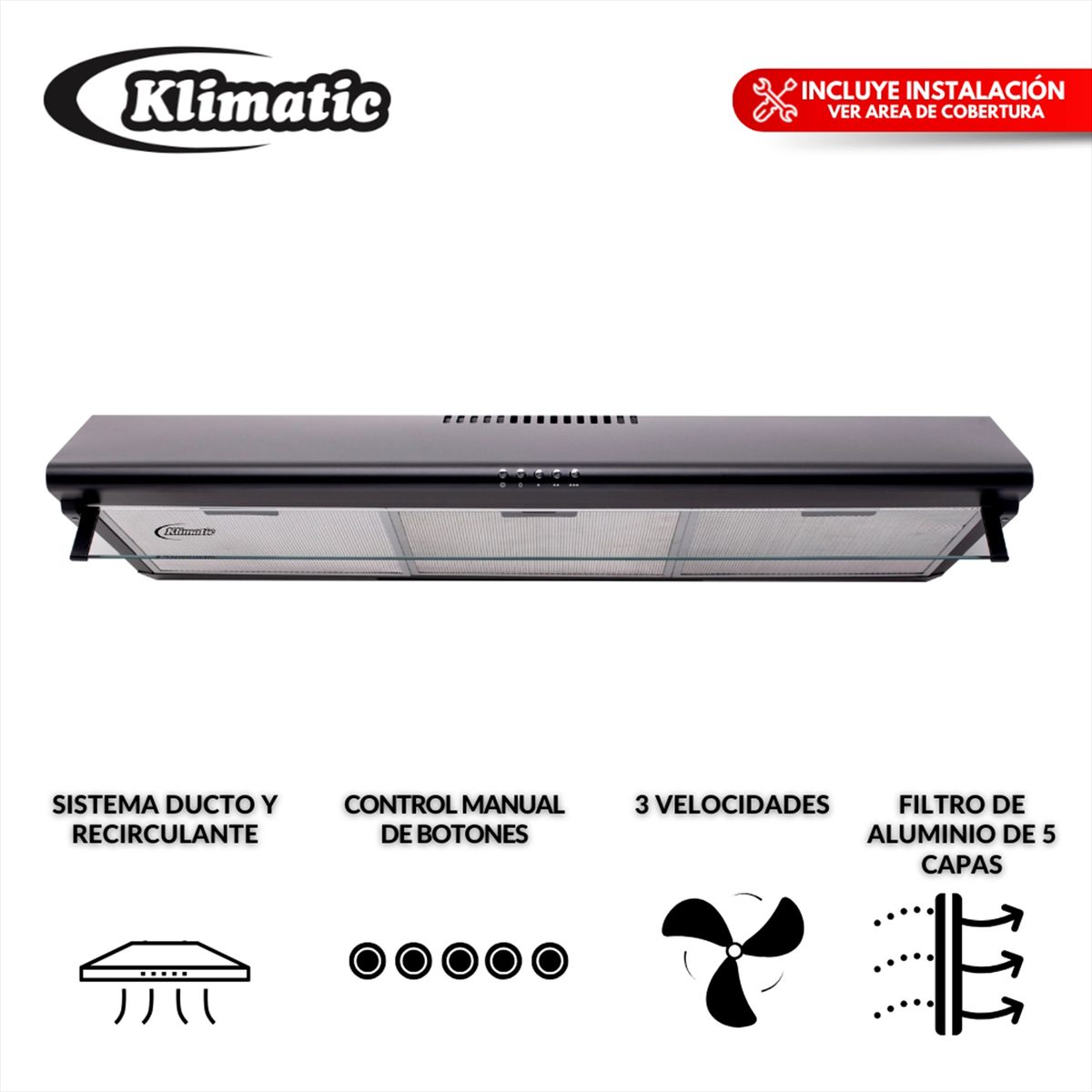 KLIMATIC - Combo Klimatic Cocina Empotrable 5 Hornillas Gina X + Campana Lineal 90cm CK901NE