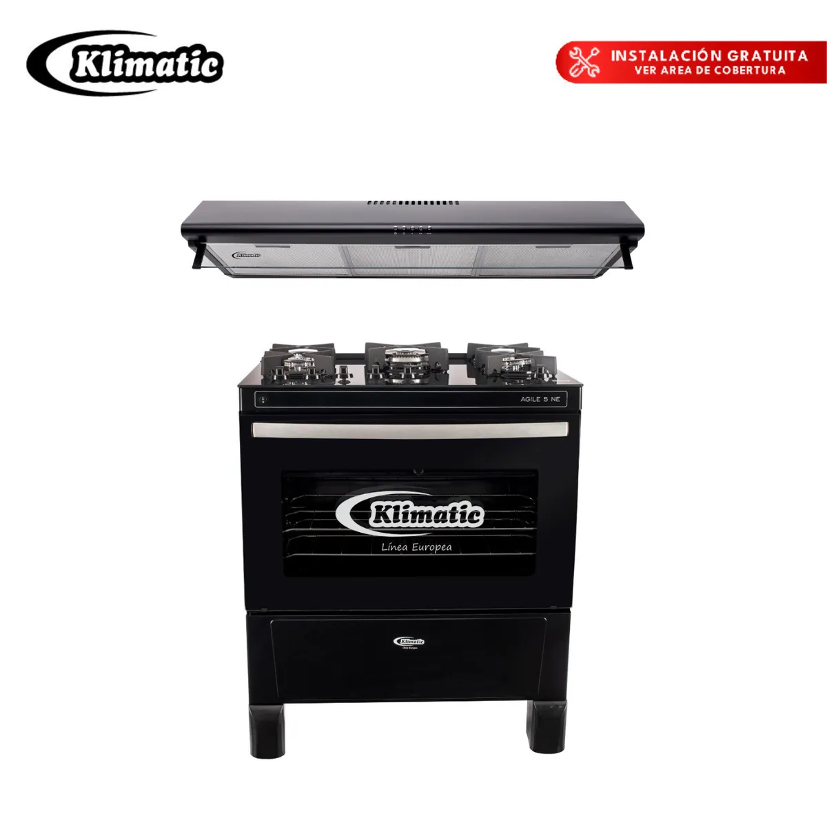 KLIMATIC - Combo Cocina A Gas 5 Hornillas Agile + Campana Extractora Lineal CK901NE Klimatic