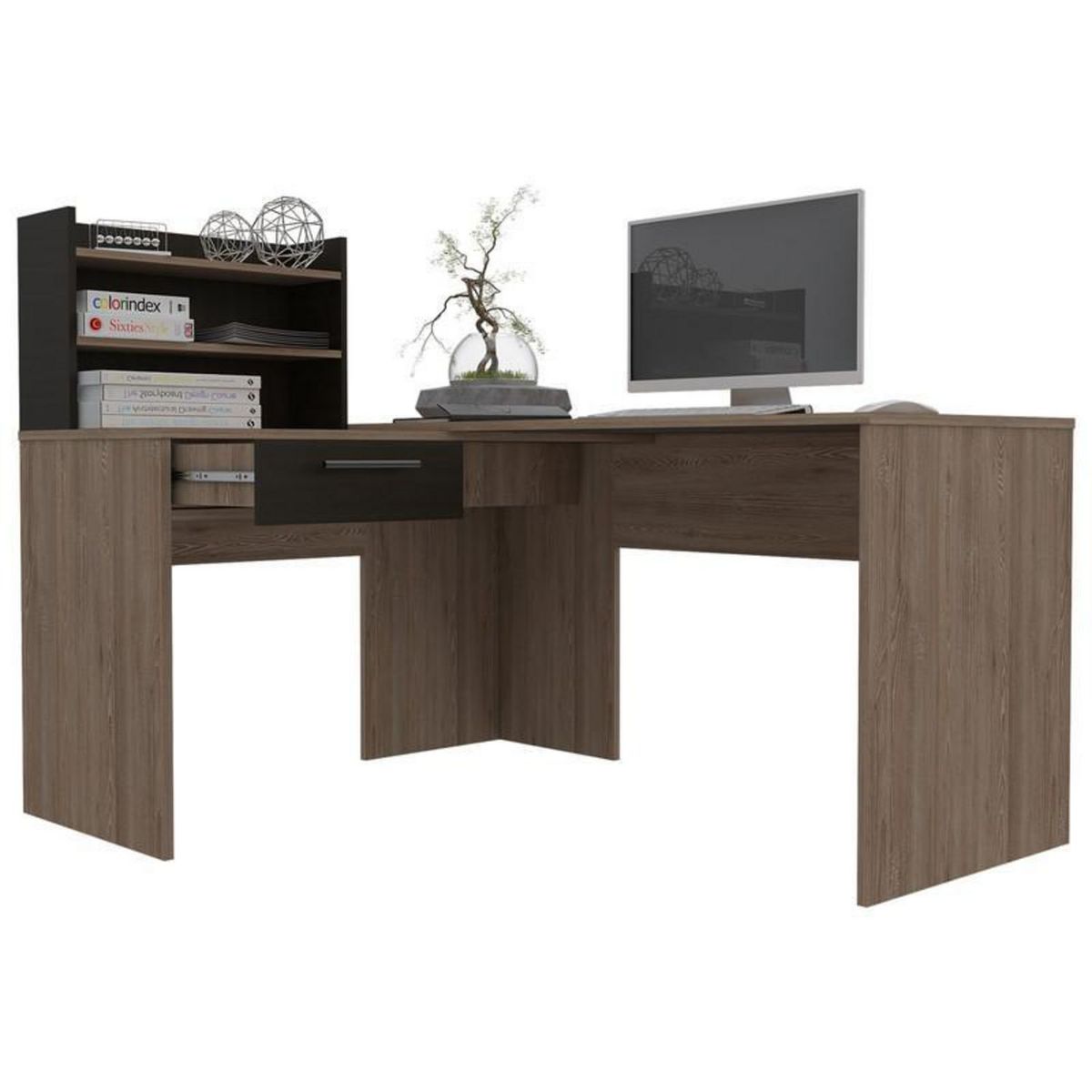 TUHOME - Escritorio en L Wengue Melamina Bilbao con Estante