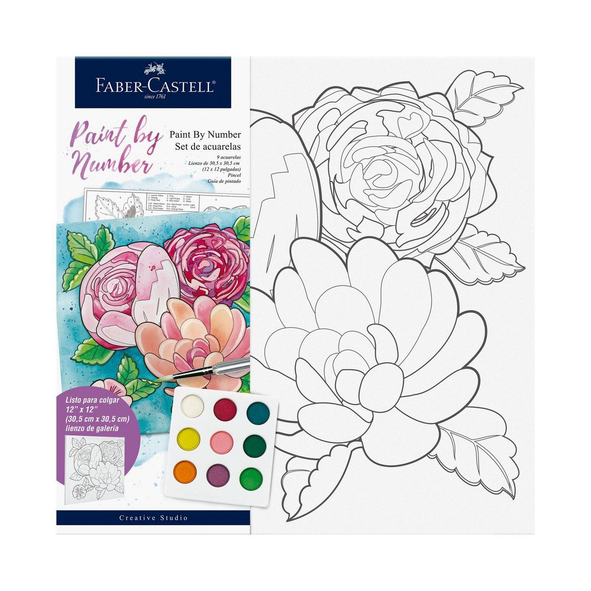 FABER CASTELL - Lienzo Paint By Number Floral + 9 Acuarelas