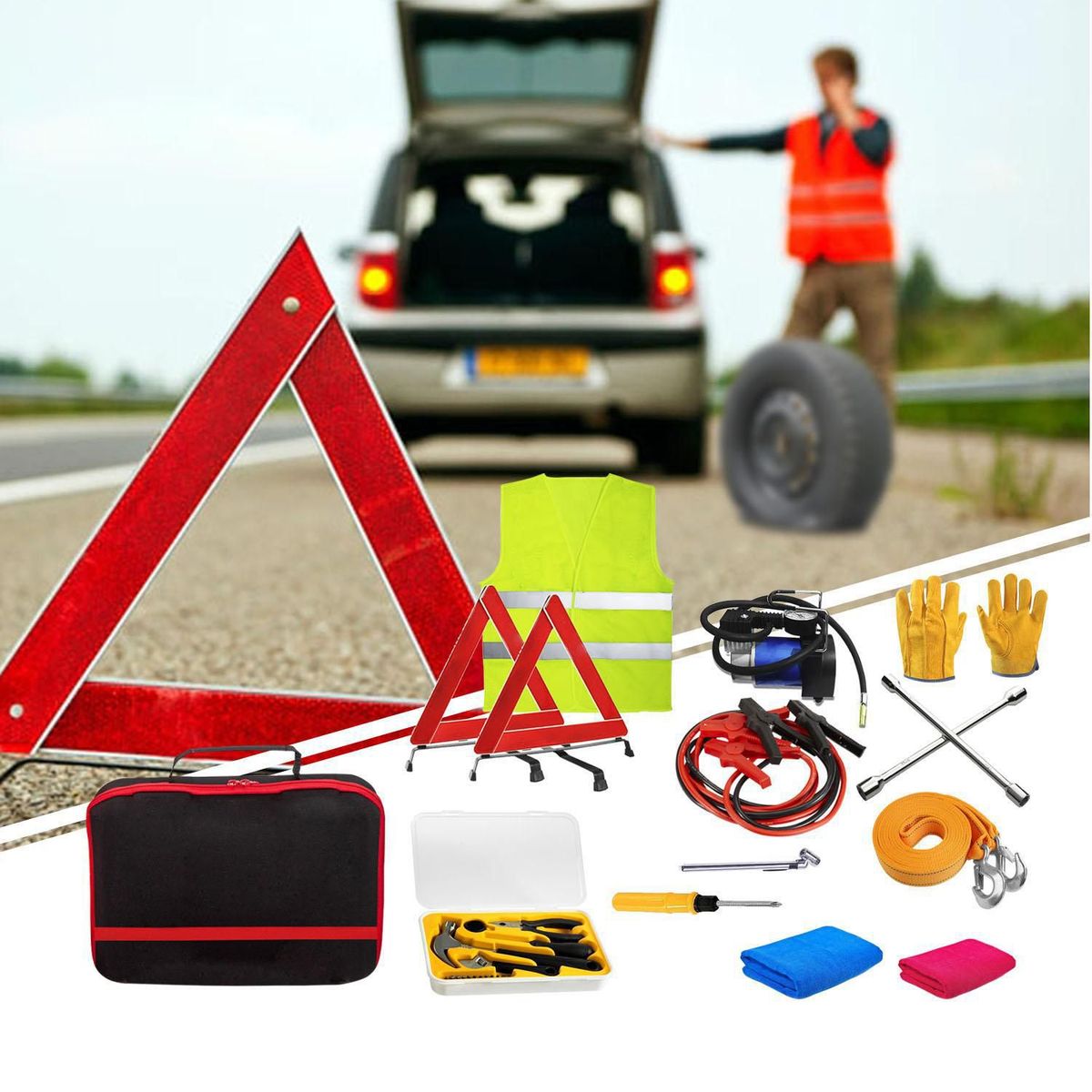 TECGO - Kit de Emergencia de Vehiculo 12 Piezas