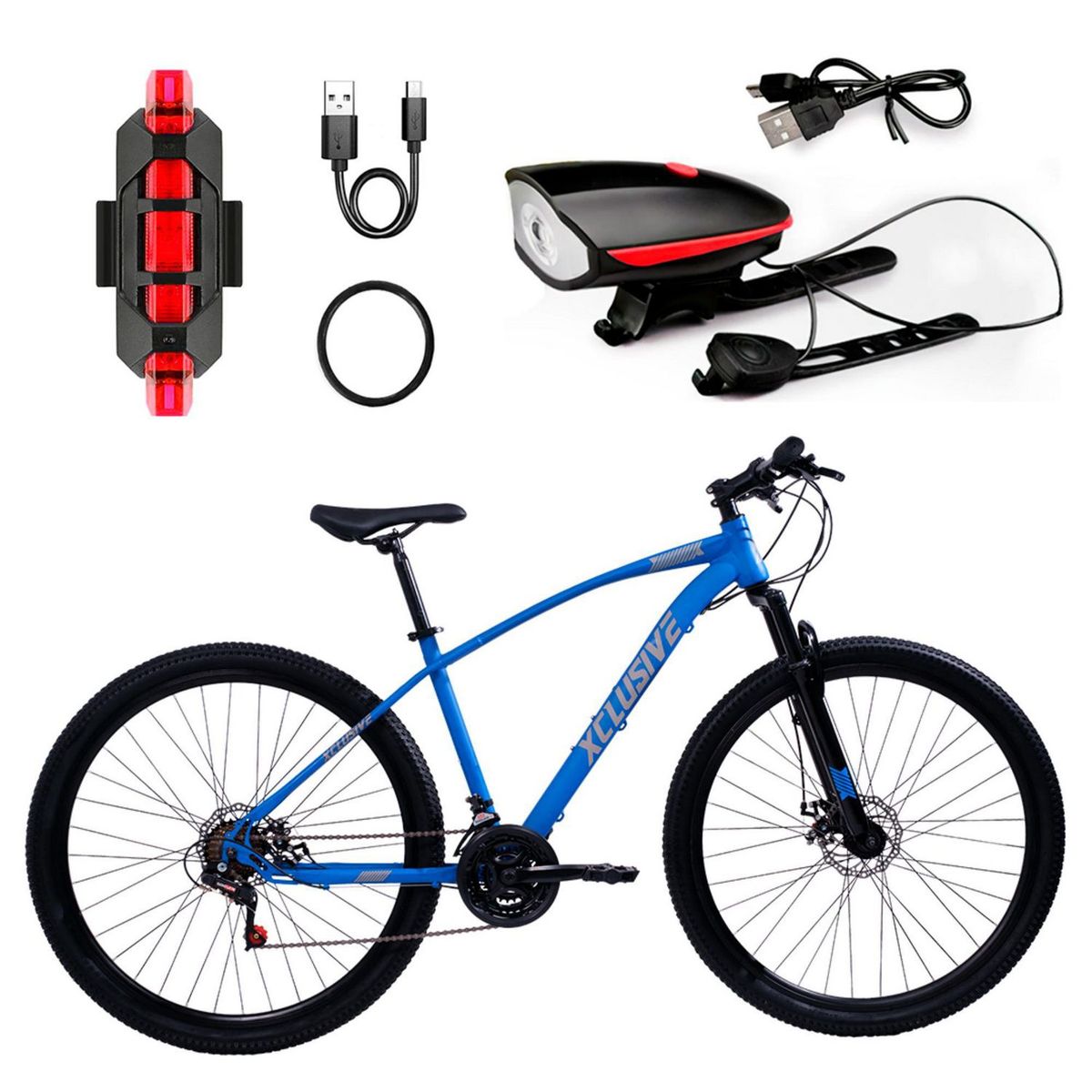 XCLUSIVE - Bicicleta Acero Aro 29 Azul Disco Mecánico + Kit De Luces