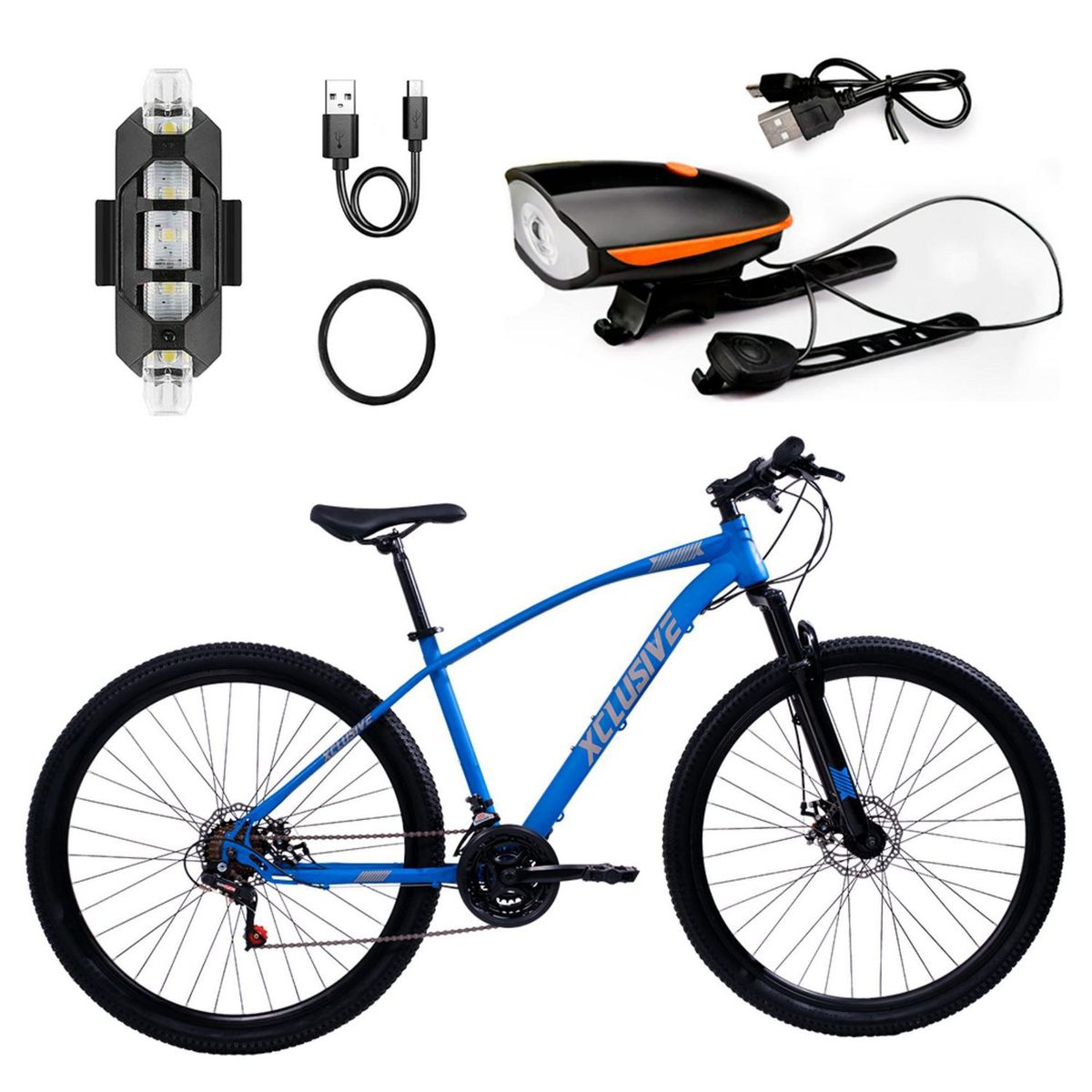 XCLUSIVE - Bicicleta Acero Aro 29 Azul Disco Mecánico + Kit De Luces