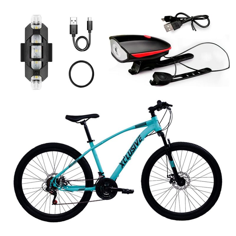 XCLUSIVE - Bicicleta de Acero Xclusive Aro 26 Tn Disco Mecánico + Kit De Luces Xclusive Delantera Ro Y Trasera Bl
