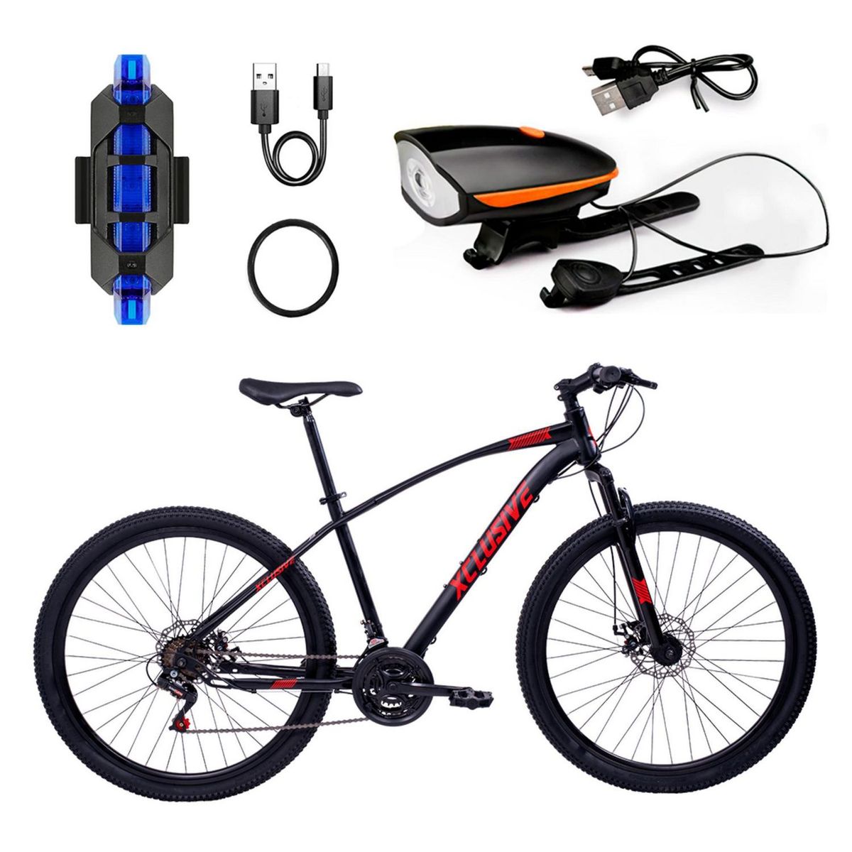 XCLUSIVE - Bicicleta Xclusive Aro 27.5 Nr Disco Mecánico + Kit De Luces Xclusive Delantera Na Y Trasera Az