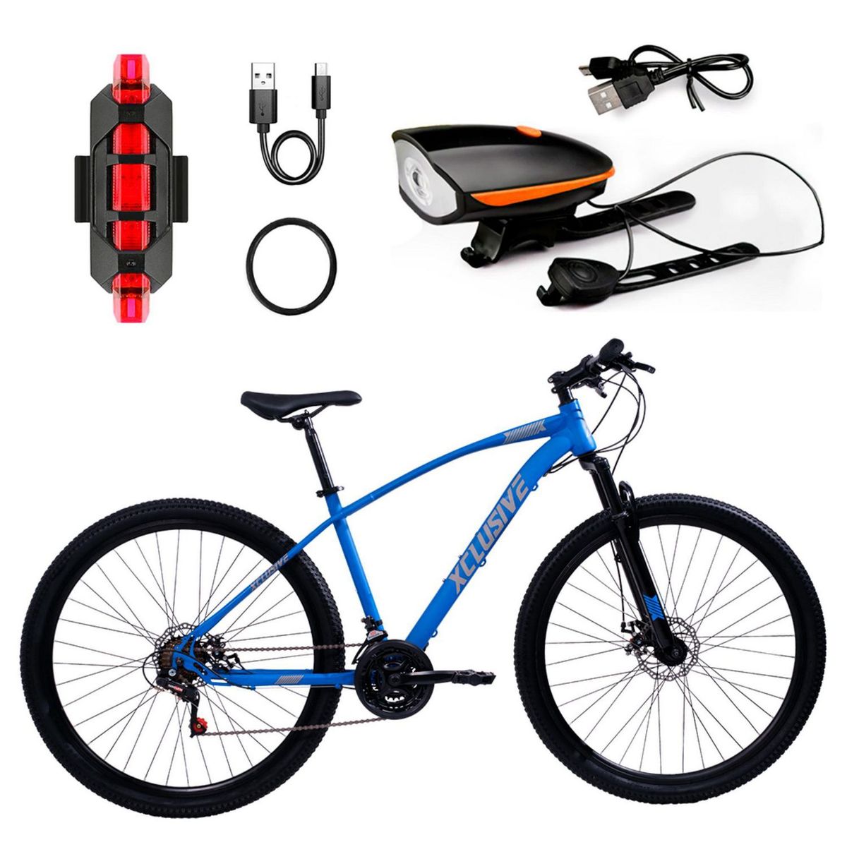 XCLUSIVE - Bicicleta Acero Aro 29 Azul Disco Mecánico + Kit De Luces