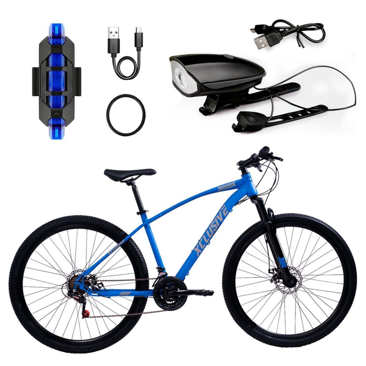 XCLUSIVE - Bicicleta Acero Aro 29 Azul Disco Mecánico + Kit De Luces