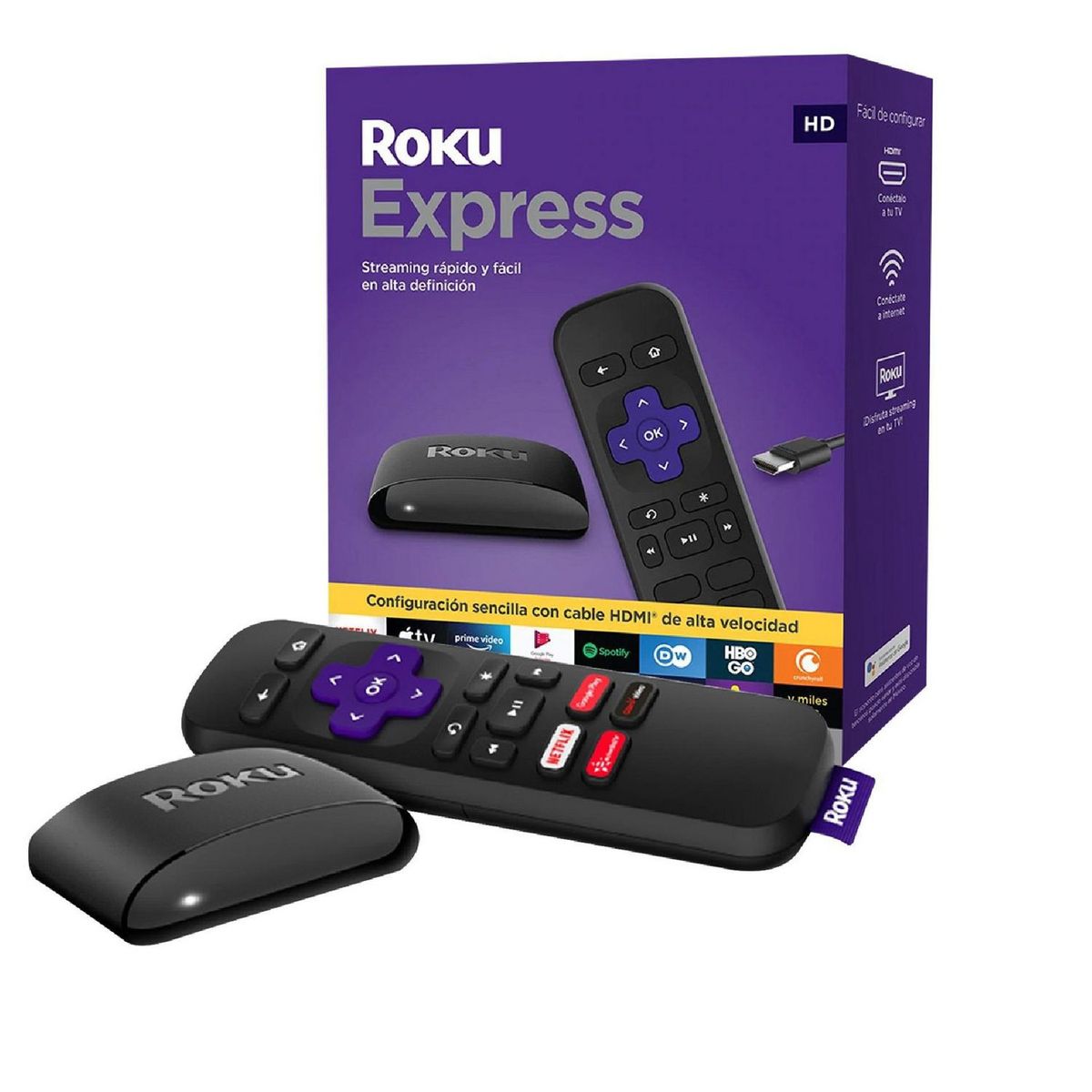 ROKU - Convertidor a Smart TV Roku Express + Control Remoto + Cable HDMI + Cable USB