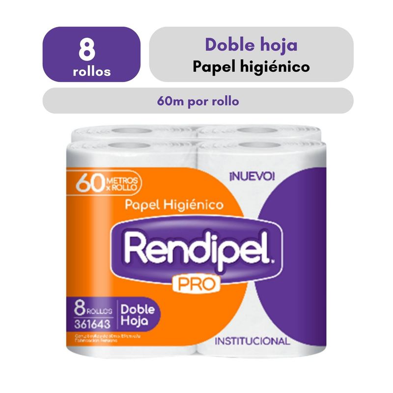 RENDIPEL PRO - Papel Higiénico Doble Hoja Rendipel X8 Rollos 60M