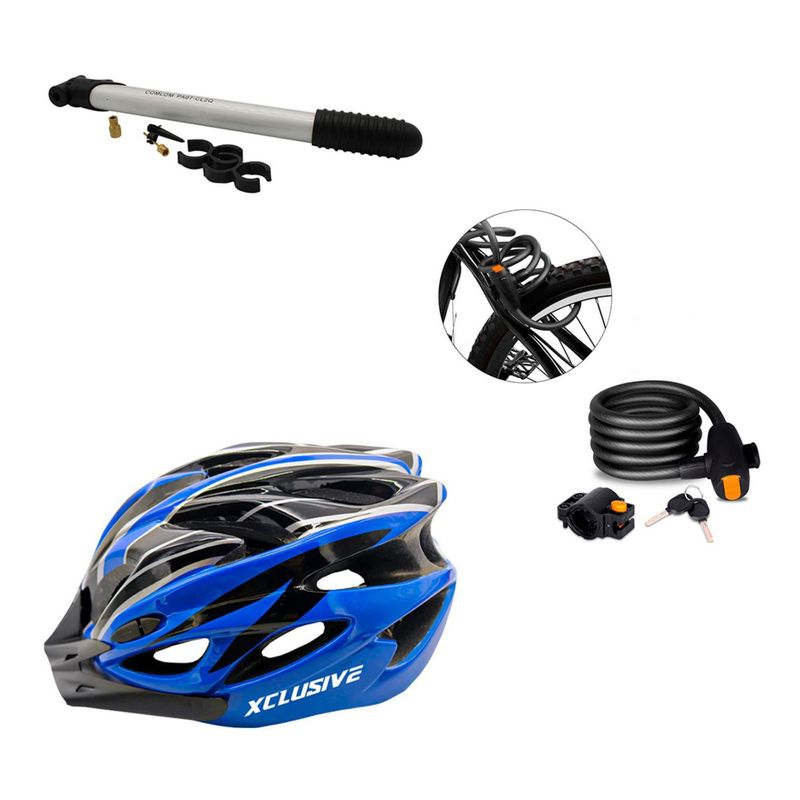 XCLUSIVE - Kit De Protección Casco Azul L + Inflador y Cadena