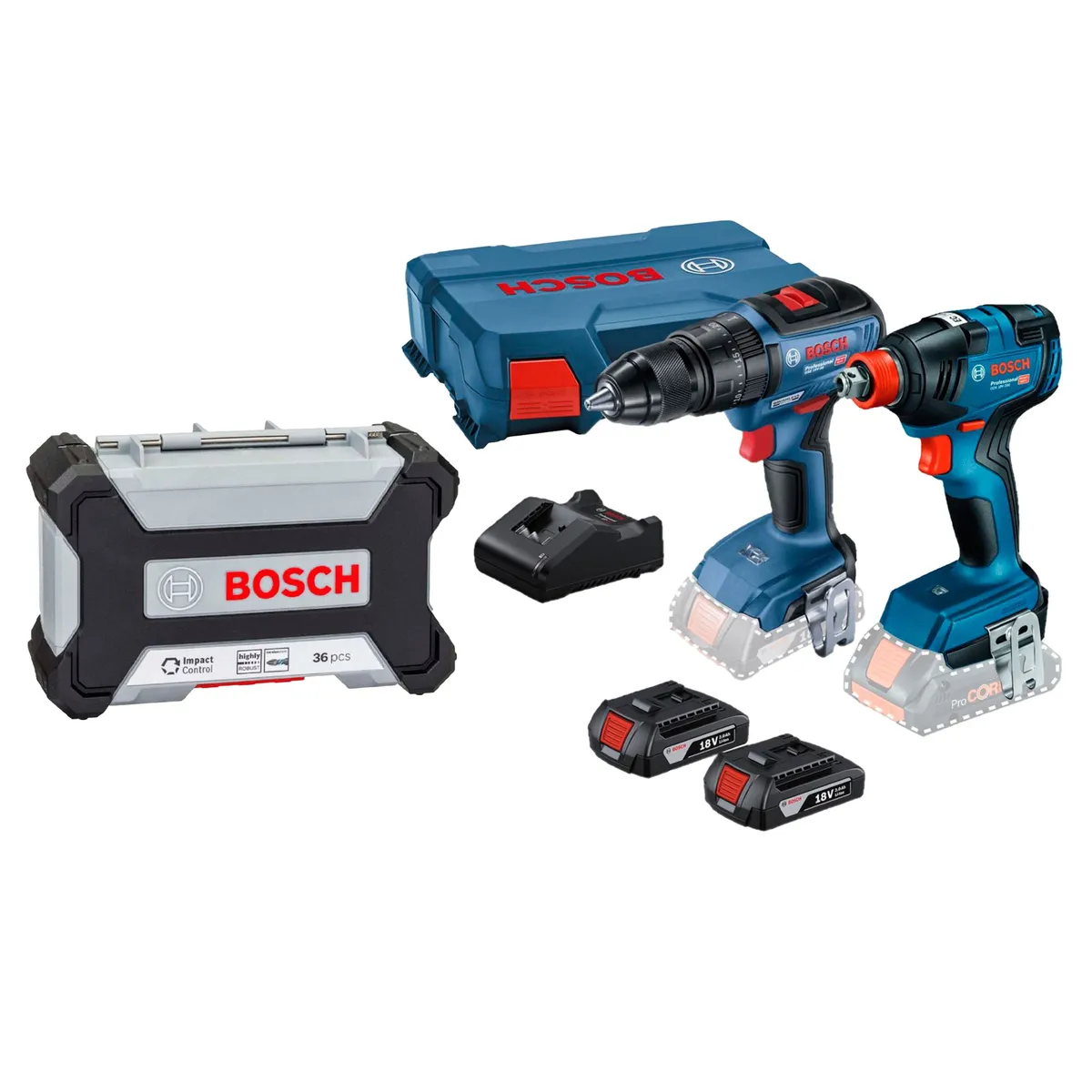 BOSCH - Kit de Puntas y Dados para Atornillar 36 Piezas Impact Control Bosch + Taladro Atornillador Percutor GSB 18V-50 BRUSHLESS + Llave Impacto 18V GDX 18V-200 BRUSHLESS + 2 Baterías + 1 Cargador + 1 Maletín Bosch