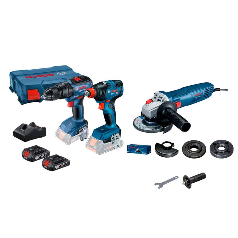 BOSCH - Taladro Atornillador Percutor GSB 18V-50 BRUSHLESS + Llave Impacto 18V GDX 18V-200 BRUSHLESS + 2 Baterías + 1 Cargador + 1 Maletín Bosch + Amoladora Eléctrica GWS700 4.5" 710W Bosch