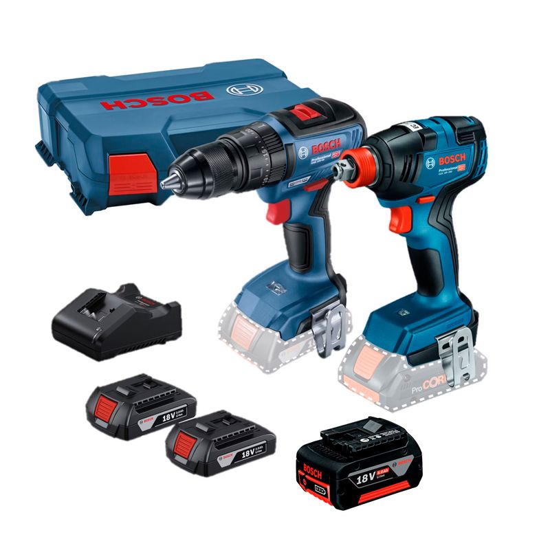 BOSCH - Taladro Atornillador Percutor GSB 18V-50 BRUSHLESS + Llave Impacto 18V GDX 18V-200 BRUSHLESS + 2 Baterías + 1 Cargador + 1 Maletín Bosch + Batería de Iones de Litio 18V GBA 18V 4.0Ah Bosch