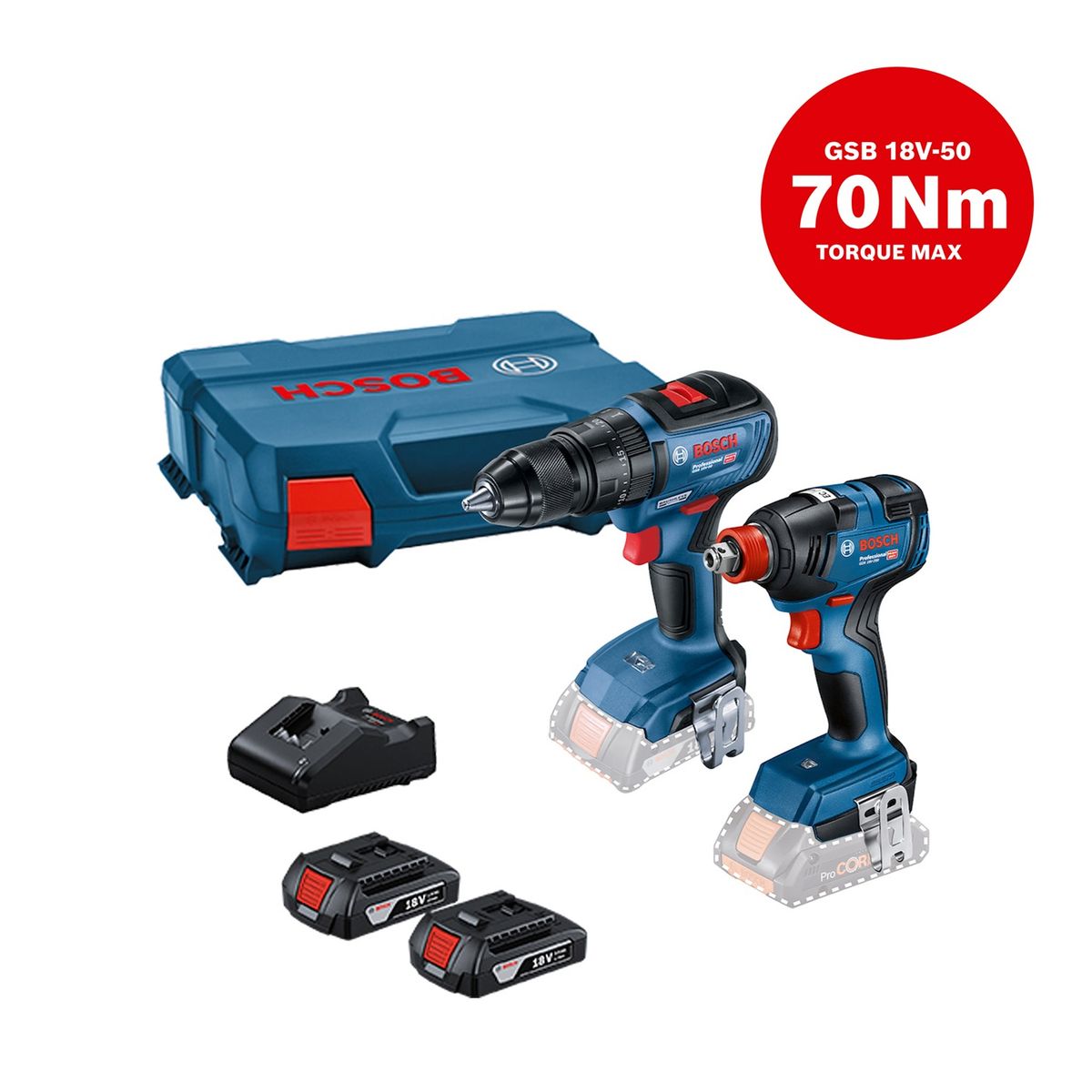 BOSCH - Taladro Atornillador Percutor Bosch GSB18V-50 + Llave Impacto 18V + 2 Baterías + 1 Cargador+ Maletín